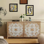 Okak 60in Mobiletto d'Appoggio Antico, Credenza Rustica in Legno con Quattro Ante Intagliate, Mobile Contenitore per Cucina, Sala da Pranzo
