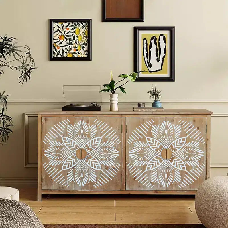 Okak 60in Mobiletto d'Appoggio Antico, Credenza Rustica in Legno con Quattro Ante Intagliate, Mobile Contenitore per Cucina, Sala da Pranzo