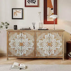 Okak 60in Mobiletto d'Appoggio Antico, Credenza Rustica in Legno con Quattro Ante Intagliate, Mobile Contenitore per Cucina, Sala da Pranzo