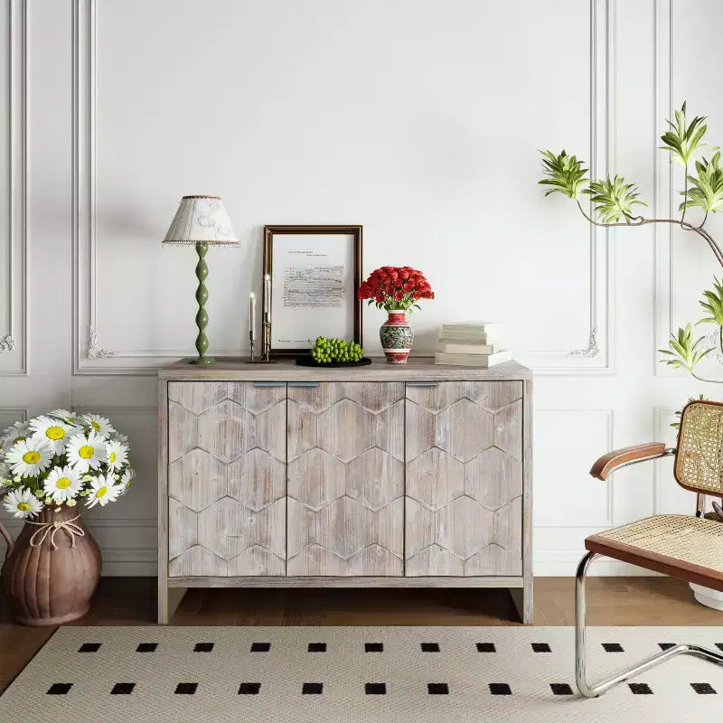 Okak - Mobiletto rustico da fattoria, credenza con quattro ante con motivo intagliato, mobile contenitore per cucina, sala da pranzo, ingresso
