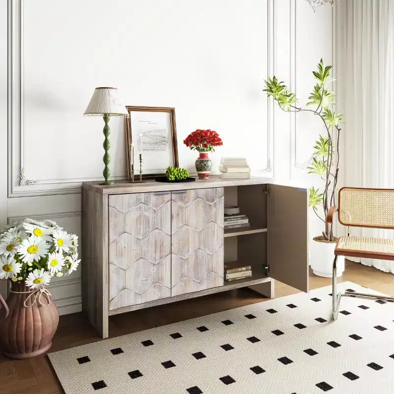 Okak - Mobiletto rustico da fattoria, credenza con quattro ante con motivo intagliato, mobile contenitore per cucina, sala da pranzo, ingresso