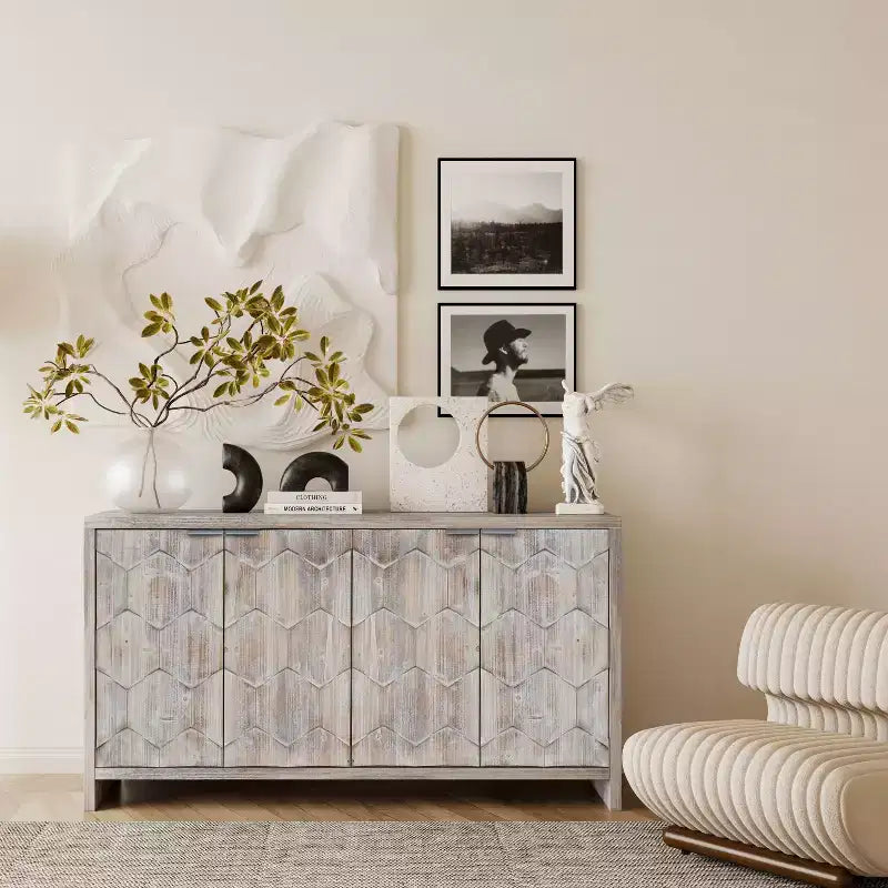 Okak - Mobiletto rustico da fattoria, credenza con quattro ante con motivo intagliato, mobile contenitore per cucina, sala da pranzo, ingresso