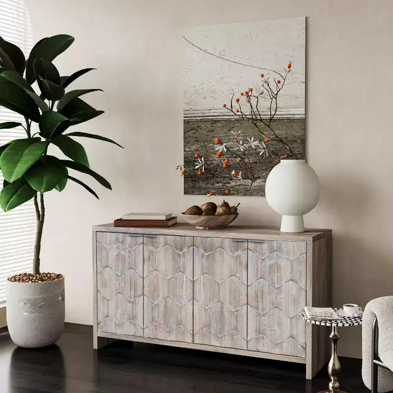 Okak - Mobiletto rustico da fattoria, credenza con quattro ante con motivo intagliato, mobile contenitore per cucina, sala da pranzo, ingresso