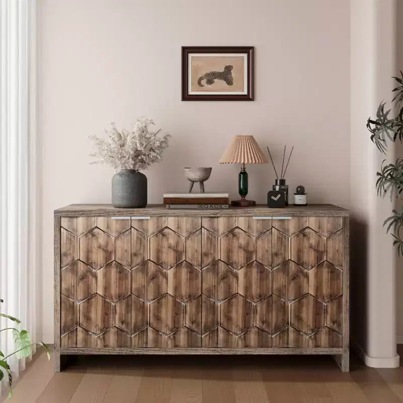 Okak - Mobiletto rustico da fattoria, credenza con quattro ante con motivo intagliato, mobile contenitore per cucina, sala da pranzo, ingresso