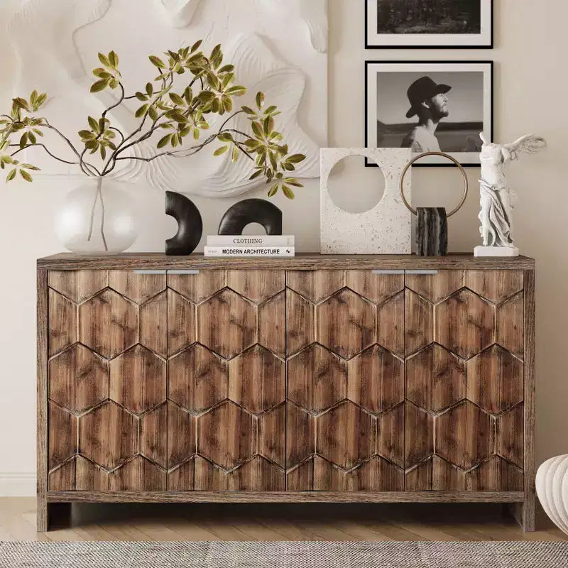 Okak - Mobiletto rustico da fattoria, credenza con quattro ante con motivo intagliato, mobile contenitore per cucina, sala da pranzo, ingresso