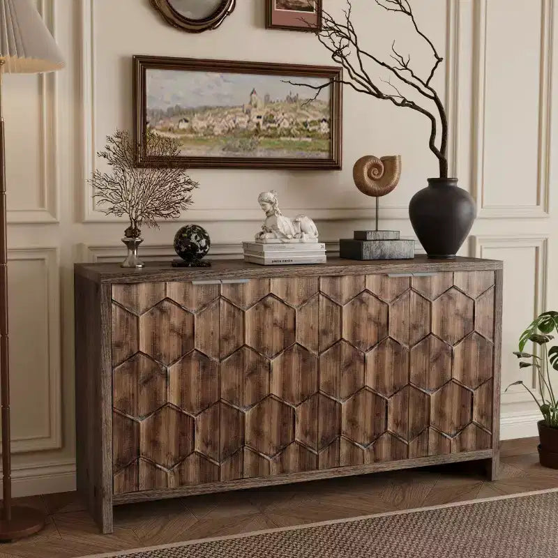 Okak - Mobiletto rustico da fattoria, credenza con quattro ante con motivo intagliato, mobile contenitore per cucina, sala da pranzo, ingresso