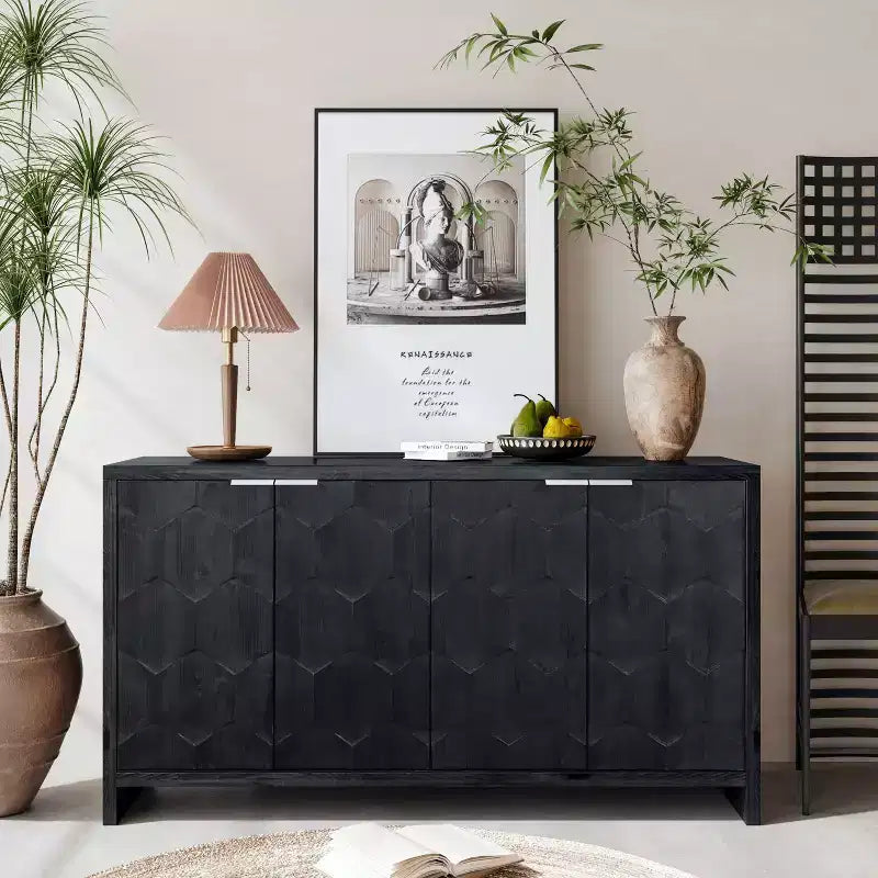 Okak - Mobiletto rustico da fattoria, credenza con quattro ante con motivo intagliato, mobile contenitore per cucina, sala da pranzo, ingresso