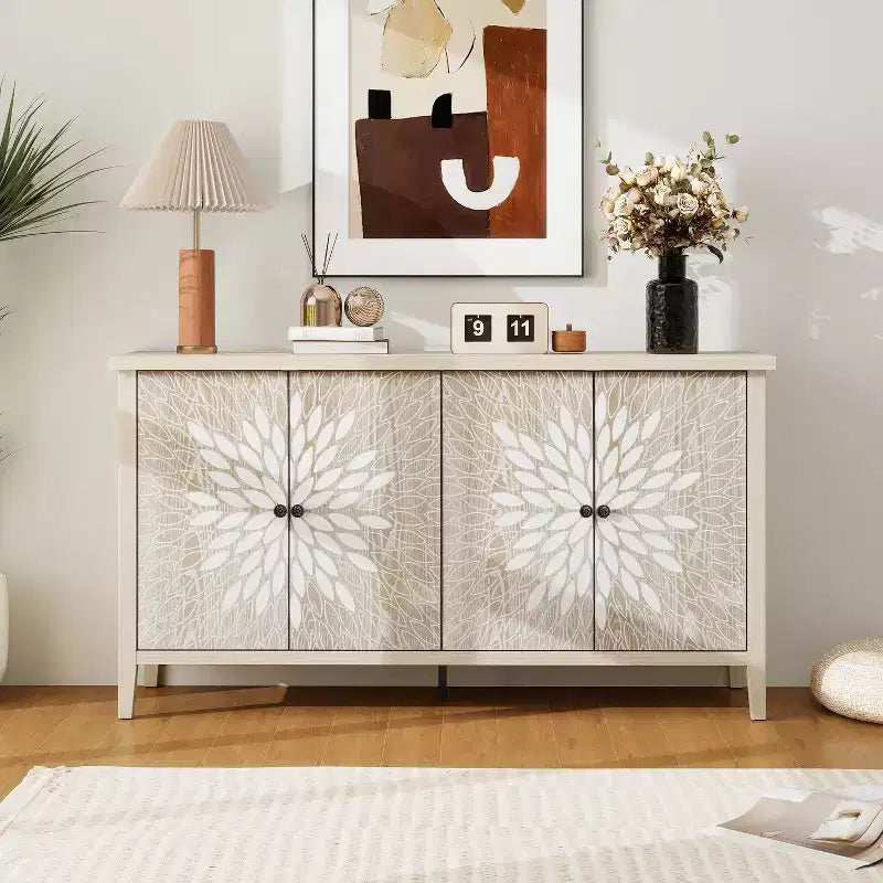 Okak Modern Accent Cabinet, Sideboard Cabinet with Four Carved Patterns Doors, Storage Cabinet for Kitchen, Dining Room, Entryway