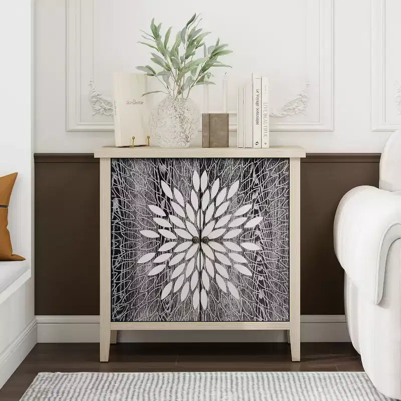 Armoire d'appoint moderne Okak, buffet avec quatre portes à motifs sculptés, meuble de rangement pour cuisine, salle à manger, entrée