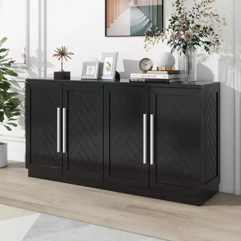 Madia Okak, Buffet con ante, Mobile credenza con ripiani regolabili e maniglie argentate, Mobile contenitore per soggiorno, ingresso, corridoio