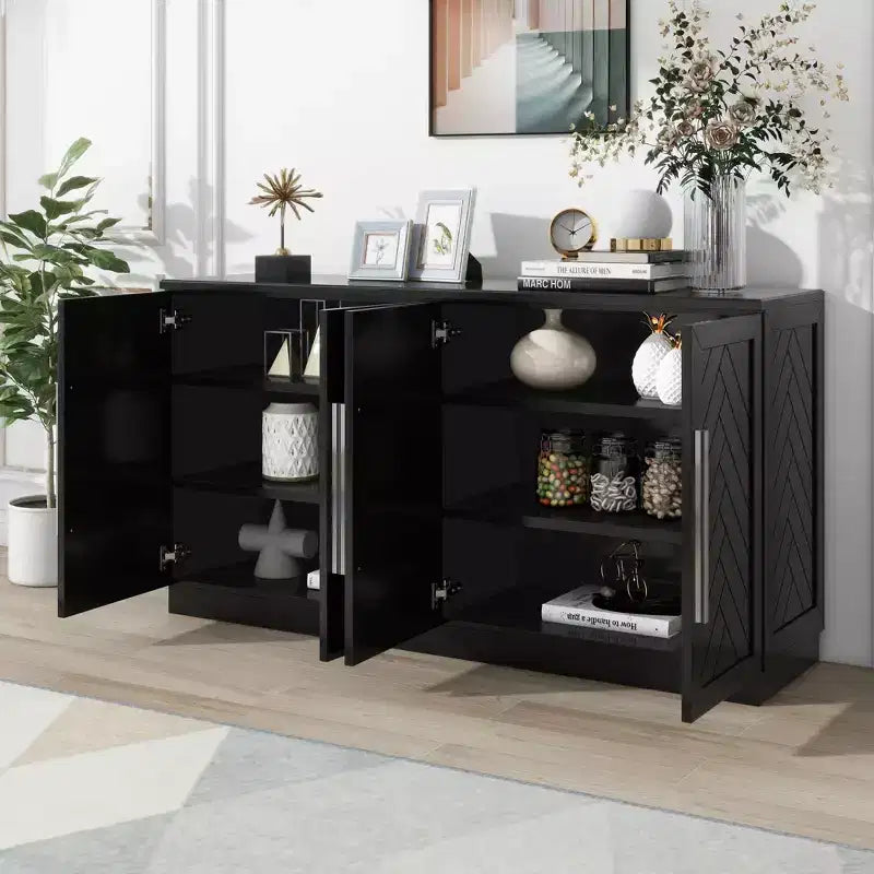 Madia Okak, Buffet con ante, Mobile credenza con ripiani regolabili e maniglie argentate, Mobile contenitore per soggiorno, ingresso, corridoio