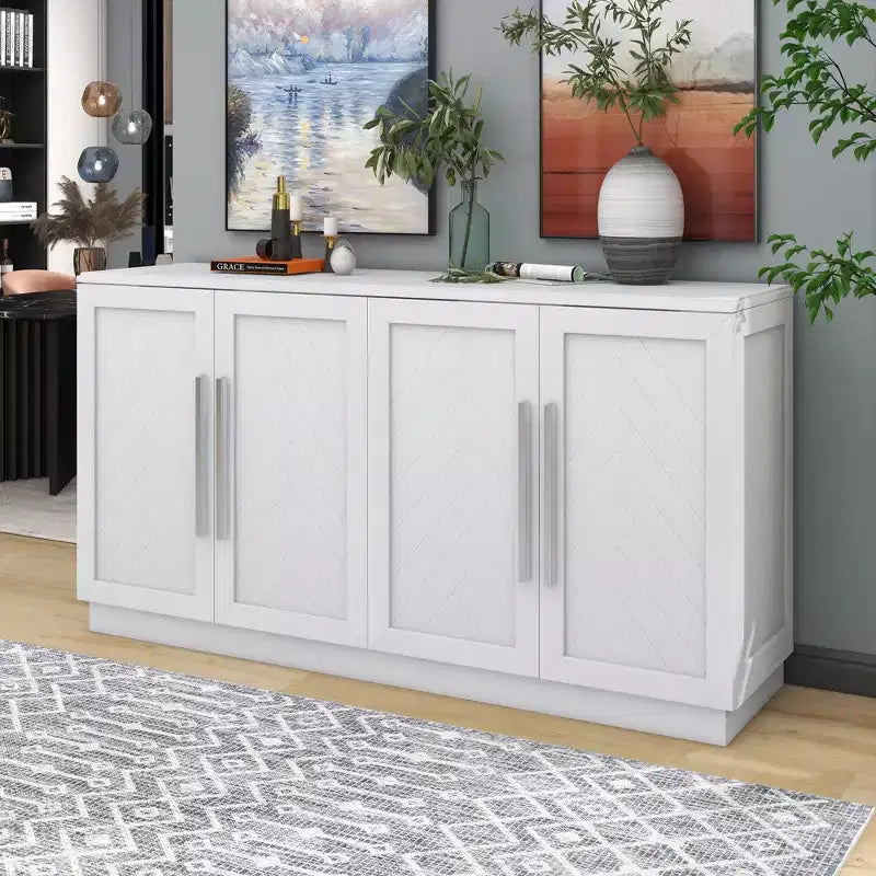 Madia Okak, Buffet con ante, Mobile credenza con ripiani regolabili e maniglie argentate, Mobile contenitore per soggiorno, ingresso, corridoio