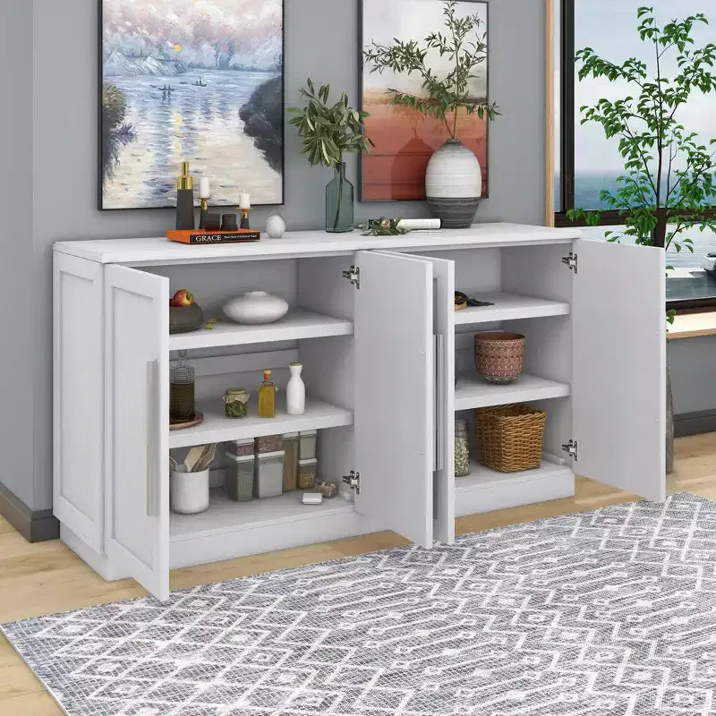 Madia Okak, Buffet con ante, Mobile credenza con ripiani regolabili e maniglie argentate, Mobile contenitore per soggiorno, ingresso, corridoio