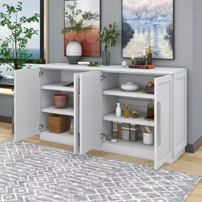 Madia Okak, Buffet con ante, Mobile credenza con ripiani regolabili e maniglie argentate, Mobile contenitore per soggiorno, ingresso, corridoio