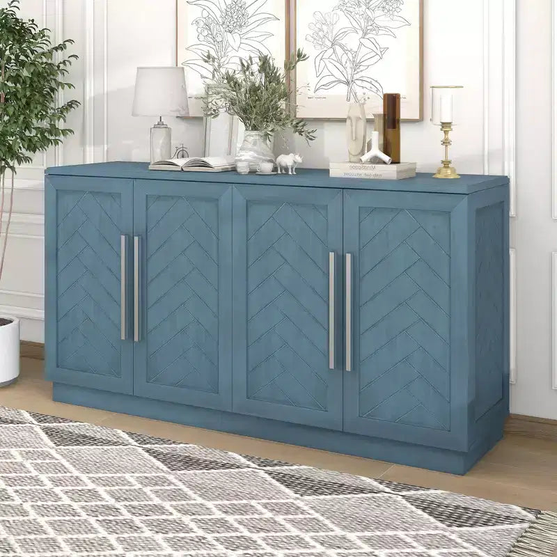 Madia Okak, Buffet con ante, Mobile credenza con ripiani regolabili e maniglie argentate, Mobile contenitore per soggiorno, ingresso, corridoio