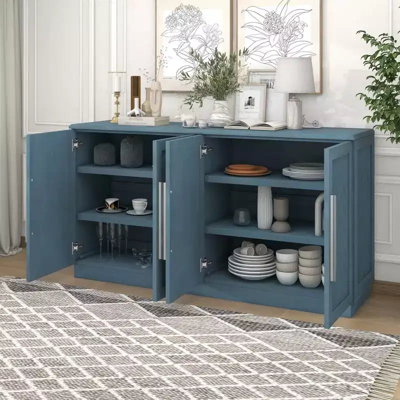 Madia Okak, Buffet con ante, Mobile credenza con ripiani regolabili e maniglie argentate, Mobile contenitore per soggiorno, ingresso, corridoio