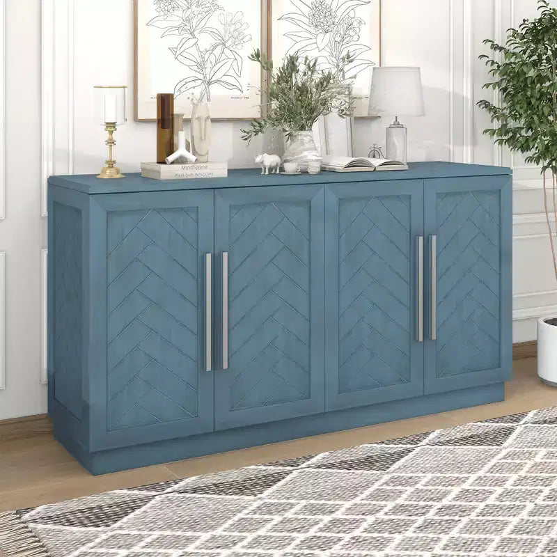 Madia Okak, Buffet con ante, Mobile credenza con ripiani regolabili e maniglie argentate, Mobile contenitore per soggiorno, ingresso, corridoio