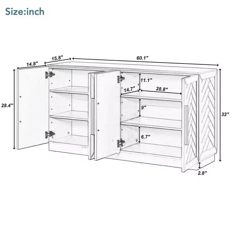 Madia Okak, Buffet con ante, Mobile credenza con ripiani regolabili e maniglie argentate, Mobile contenitore per soggiorno, ingresso, corridoio