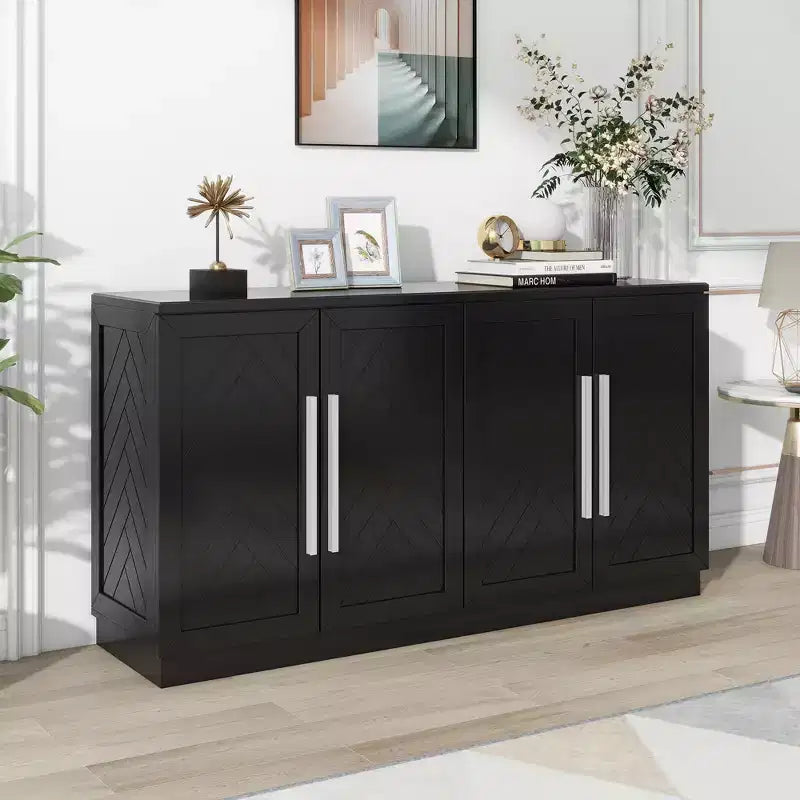 Madia Okak, Buffet con ante, Mobile credenza con ripiani regolabili e maniglie argentate, Mobile contenitore per soggiorno, ingresso, corridoio