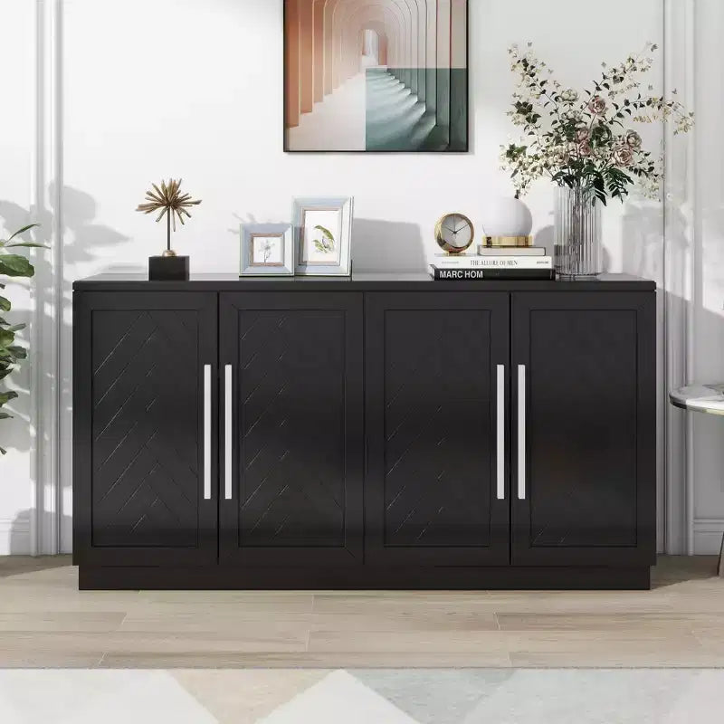 Madia Okak, Buffet con ante, Mobile credenza con ripiani regolabili e maniglie argentate, Mobile contenitore per soggiorno, ingresso, corridoio