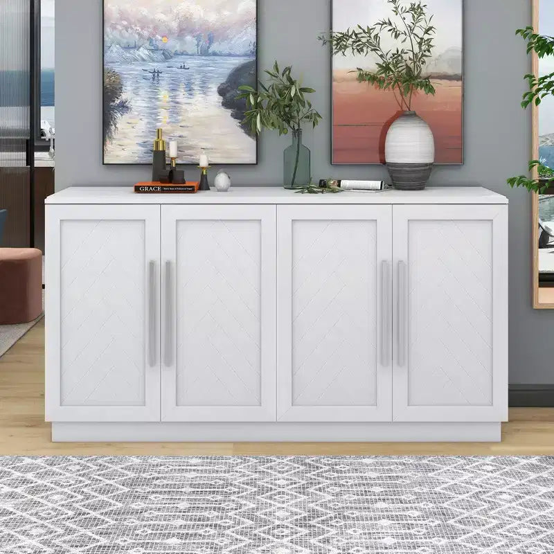 Madia Okak, Buffet con ante, Mobile credenza con ripiani regolabili e maniglie argentate, Mobile contenitore per soggiorno, ingresso, corridoio