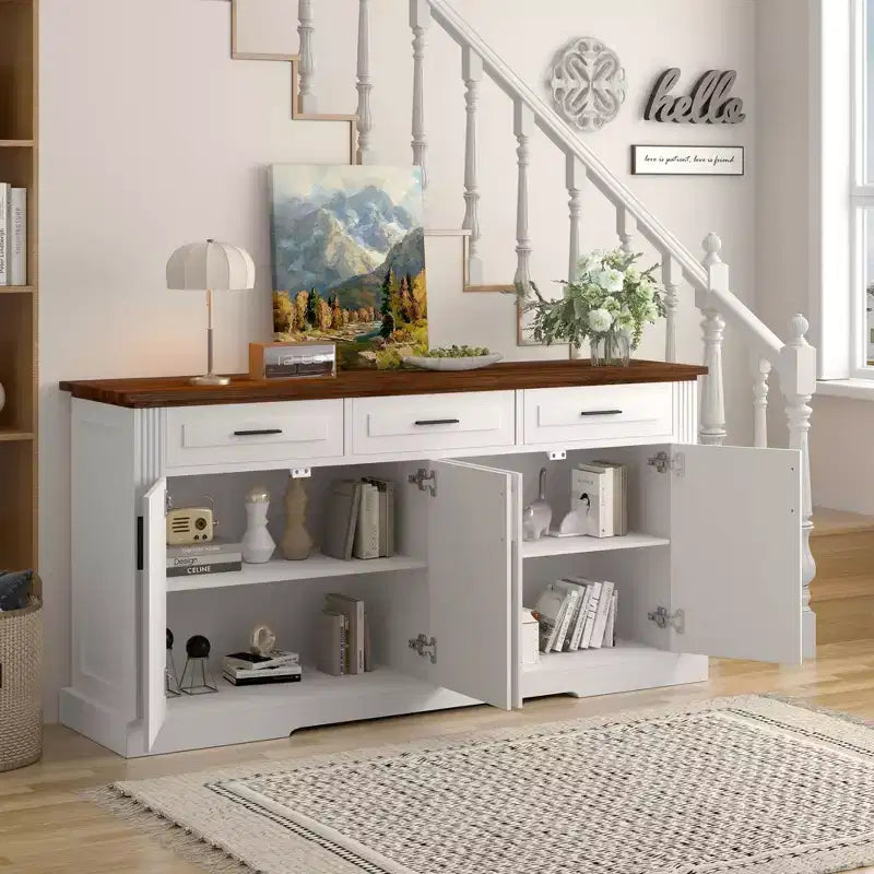 Mobile credenza scanalato Okak da 63 pollici, mobile credenza con 4 ante e 2 cassetti, mobile contenitore per soggiorno, sala da pranzo, cucina