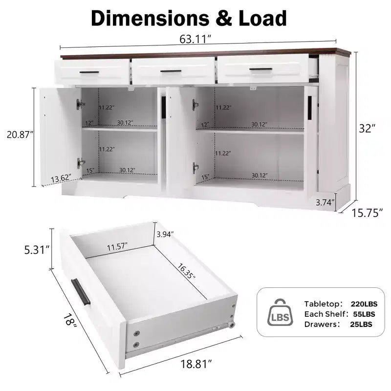 Mobile credenza scanalato Okak da 63 pollici, mobile credenza con 4 ante e 2 cassetti, mobile contenitore per soggiorno, sala da pranzo, cucina