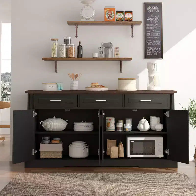 Mobile credenza scanalato Okak da 63 pollici, mobile credenza con 4 ante e 2 cassetti, mobile contenitore per soggiorno, sala da pranzo, cucina