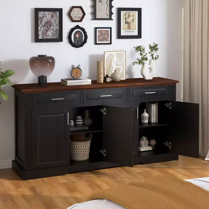 Mobile credenza scanalato Okak da 63 pollici, mobile credenza con 4 ante e 2 cassetti, mobile contenitore per soggiorno, sala da pranzo, cucina