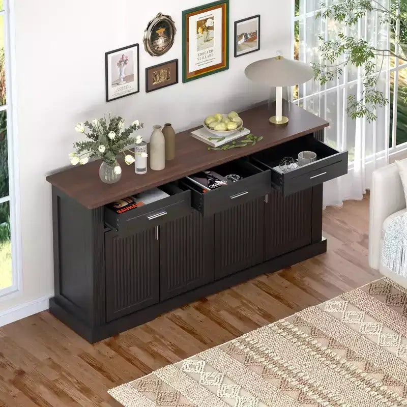 Mobile credenza scanalato Okak da 63 pollici, mobile credenza con 4 ante e 2 cassetti, mobile contenitore per soggiorno, sala da pranzo, cucina