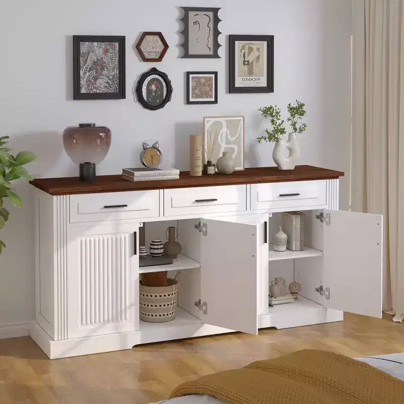 Mobile credenza scanalato Okak da 63 pollici, mobile credenza con 4 ante e 2 cassetti, mobile contenitore per soggiorno, sala da pranzo, cucina