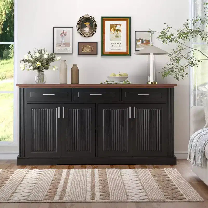Mobile credenza scanalato Okak da 63 pollici, mobile credenza con 4 ante e 2 cassetti, mobile contenitore per soggiorno, sala da pranzo, cucina