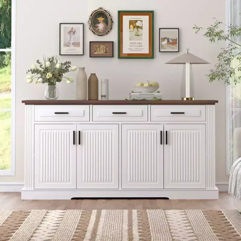 Okak 63in Fluted Sideboard Cabinet, Bufft Cabinet with 4 Doors and 2 Drawers, Storage Cabinet for Living Room, Dining Room, Kitchen