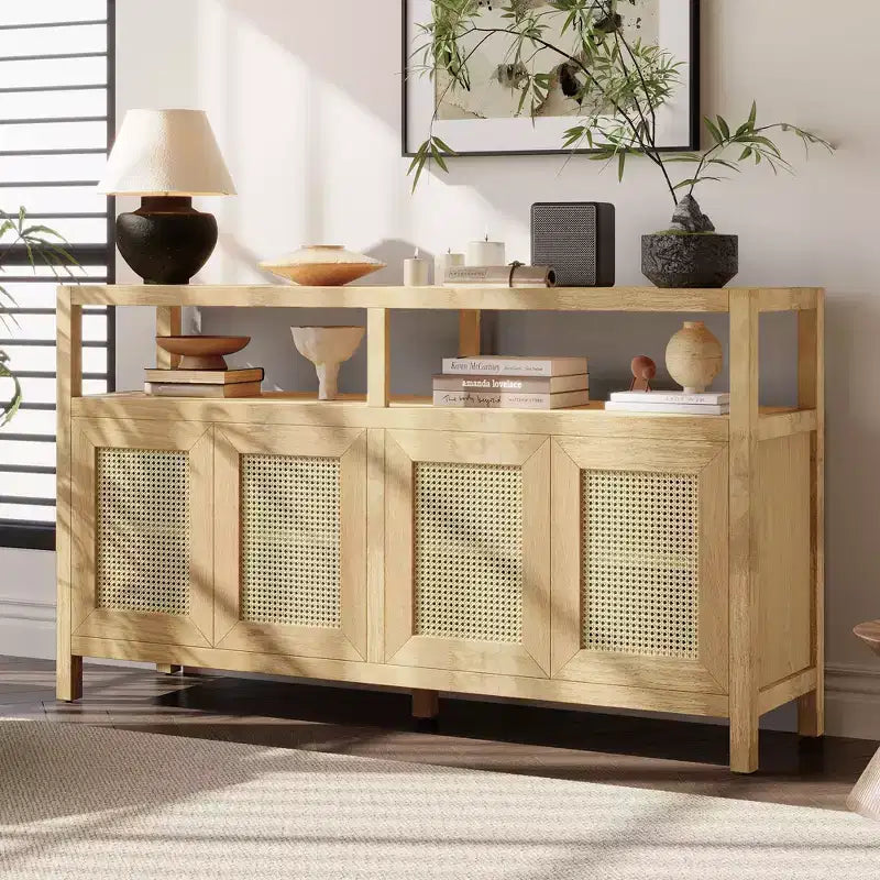 Bahut Okak style Bohème, Buffet avec 4 Portes et 1 Étagère Ouverte, Meuble de Rangement pour Salon, Salle à Manger, Cuisine