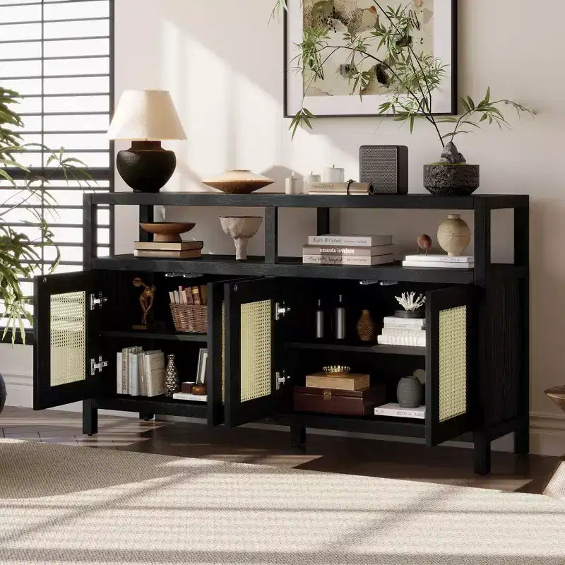 Bahut Okak style Bohème, Buffet avec 4 Portes et 1 Étagère Ouverte, Meuble de Rangement pour Salon, Salle à Manger, Cuisine