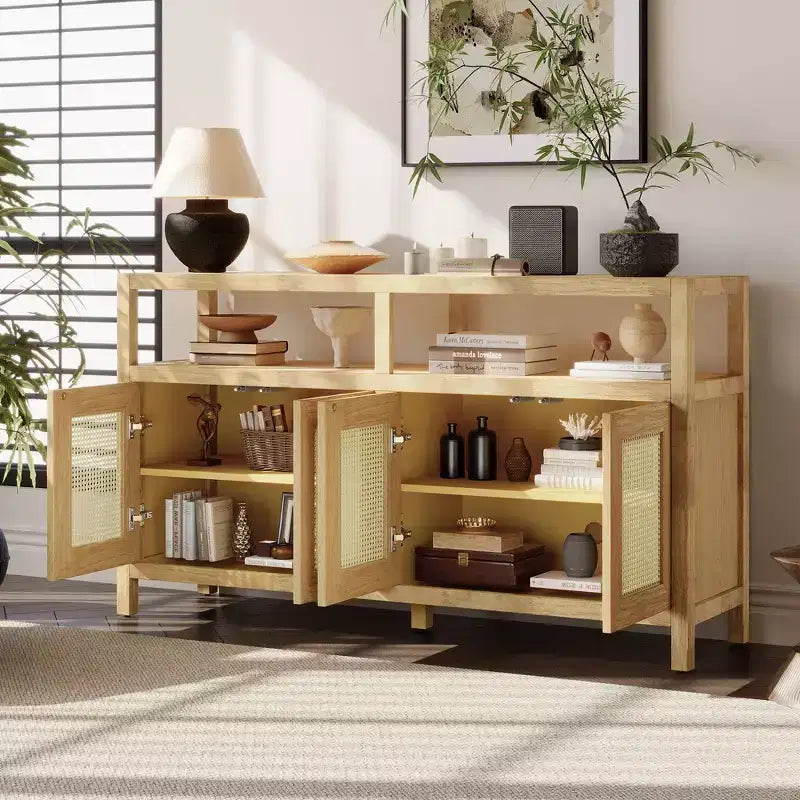 Bahut Okak style Bohème, Buffet avec 4 Portes et 1 Étagère Ouverte, Meuble de Rangement pour Salon, Salle à Manger, Cuisine