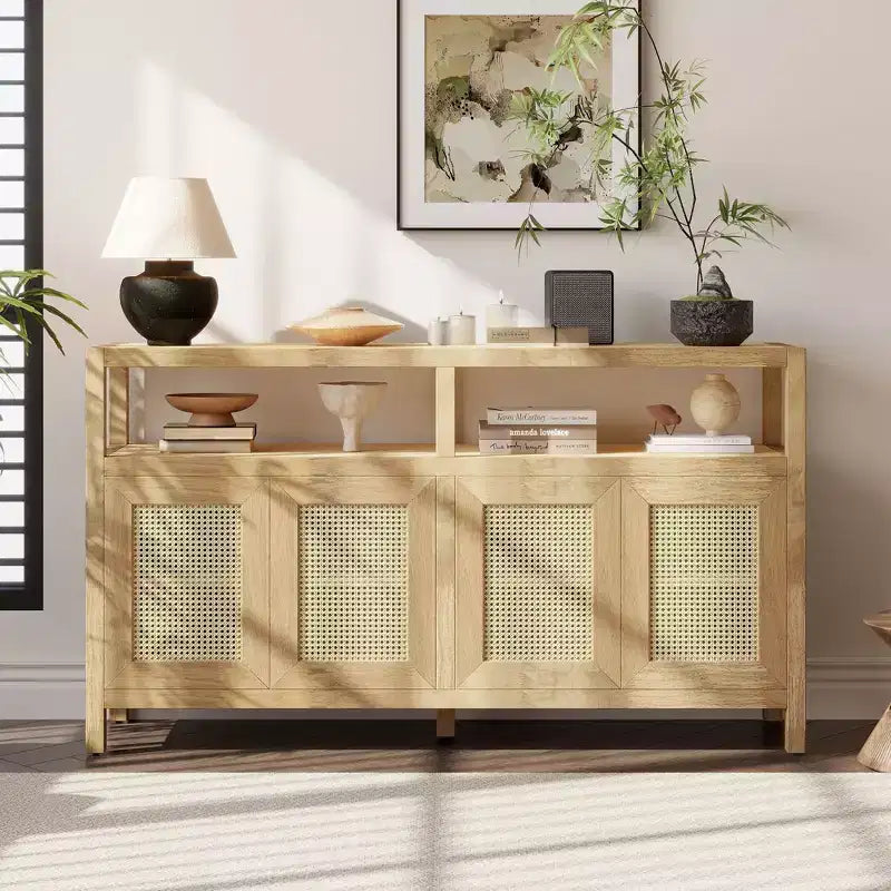 Mobile credenza Okak in stile bohémien, mobile credenza con 4 ante e 1 ripiano aperto, mobile contenitore per soggiorno, sala da pranzo, cucina