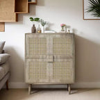 Mobile credenza in rattan Okak, mobile buffet con 4 ante e 8 ripiani, mobiletto contenitore per soggiorno, sala da pranzo, cucina
