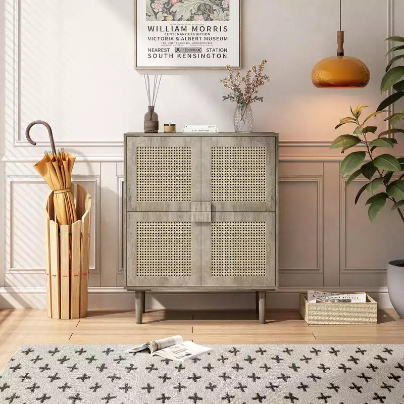 Mobile credenza in rattan Okak, mobile buffet con 4 ante e 8 ripiani, mobiletto contenitore per soggiorno, sala da pranzo, cucina