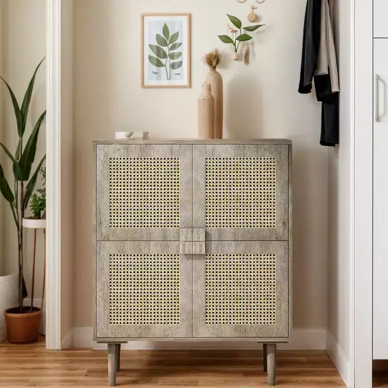 Mobile credenza in rattan Okak, mobile buffet con 4 ante e 8 ripiani, mobiletto contenitore per soggiorno, sala da pranzo, cucina