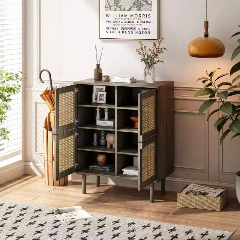 Mobile credenza in rattan Okak, mobile buffet con 4 ante e 8 ripiani, mobiletto contenitore per soggiorno, sala da pranzo, cucina