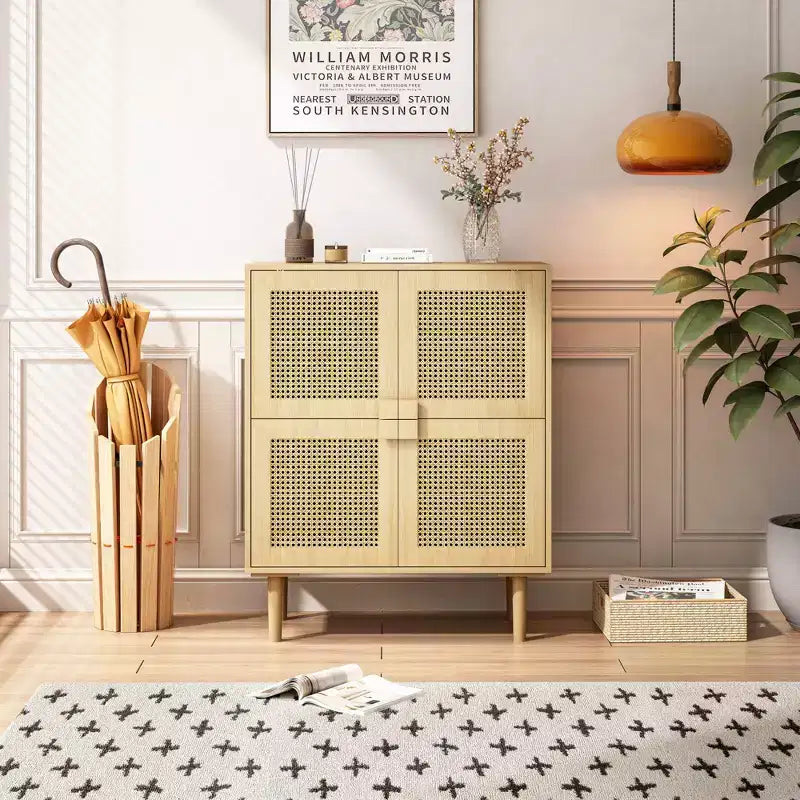 Mobile credenza in rattan Okak, mobile buffet con 4 ante e 8 ripiani, mobiletto contenitore per soggiorno, sala da pranzo, cucina