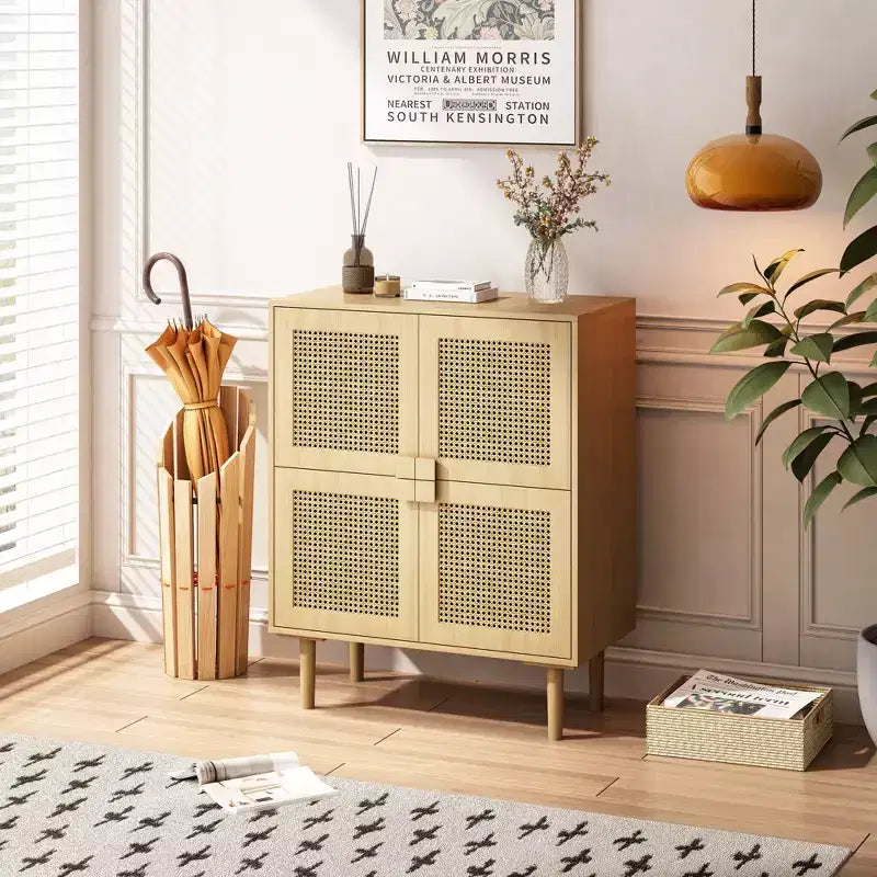Mobile credenza in rattan Okak, mobile buffet con 4 ante e 8 ripiani, mobiletto contenitore per soggiorno, sala da pranzo, cucina