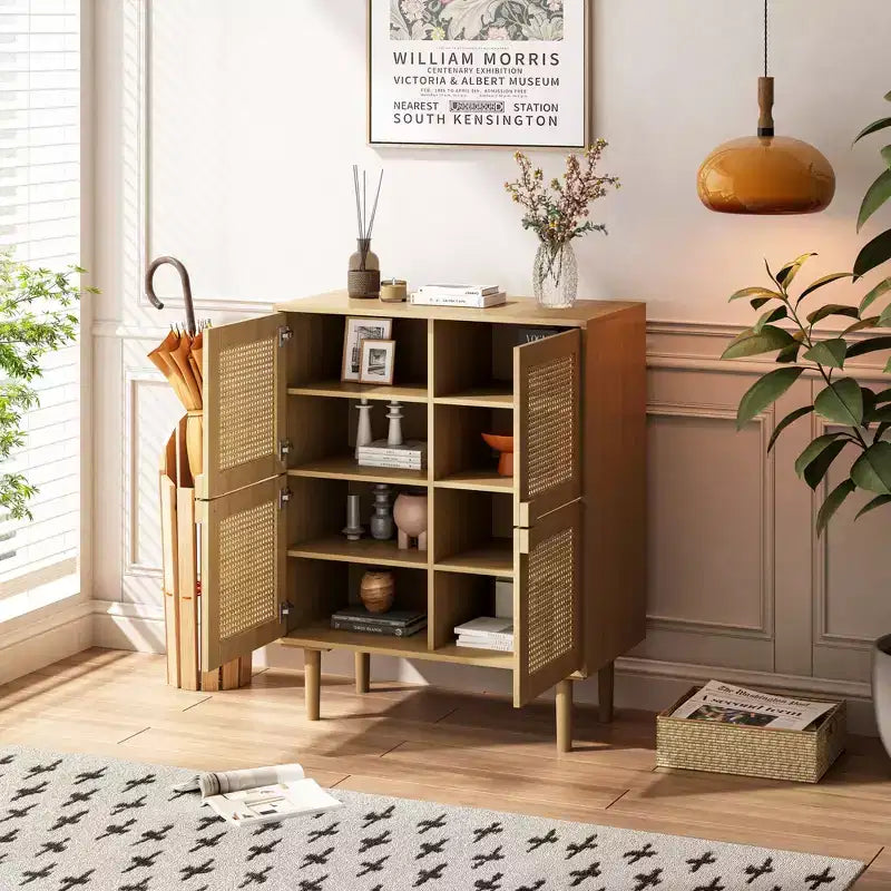 Mobile credenza in rattan Okak, mobile buffet con 4 ante e 8 ripiani, mobiletto contenitore per soggiorno, sala da pranzo, cucina