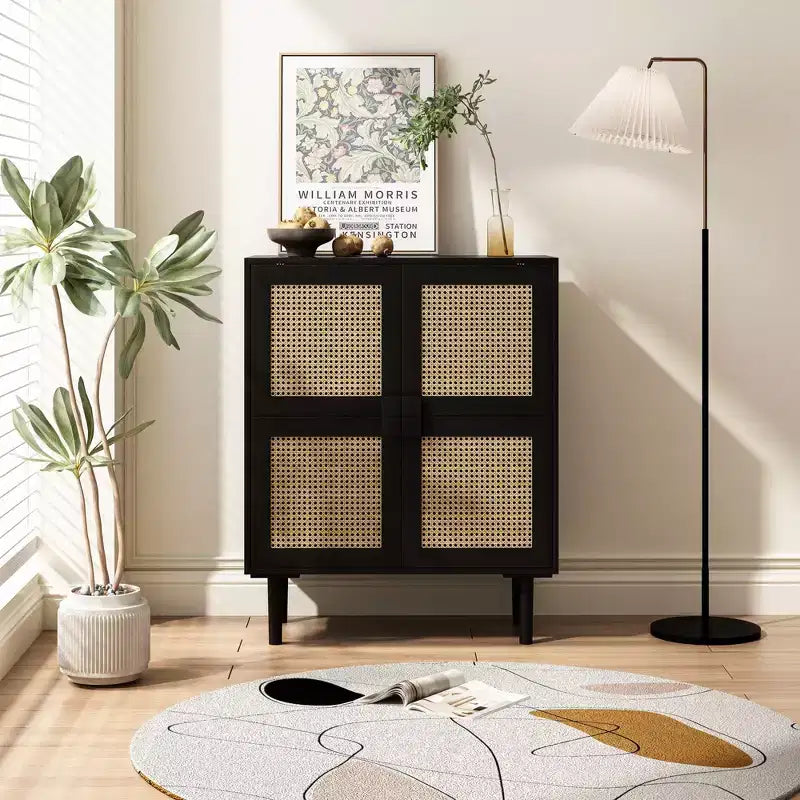 Mobile credenza in rattan Okak, mobile buffet con 4 ante e 8 ripiani, mobiletto contenitore per soggiorno, sala da pranzo, cucina