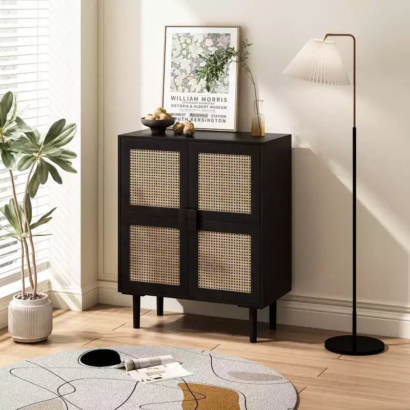 Mobile credenza in rattan Okak, mobile buffet con 4 ante e 8 ripiani, mobiletto contenitore per soggiorno, sala da pranzo, cucina