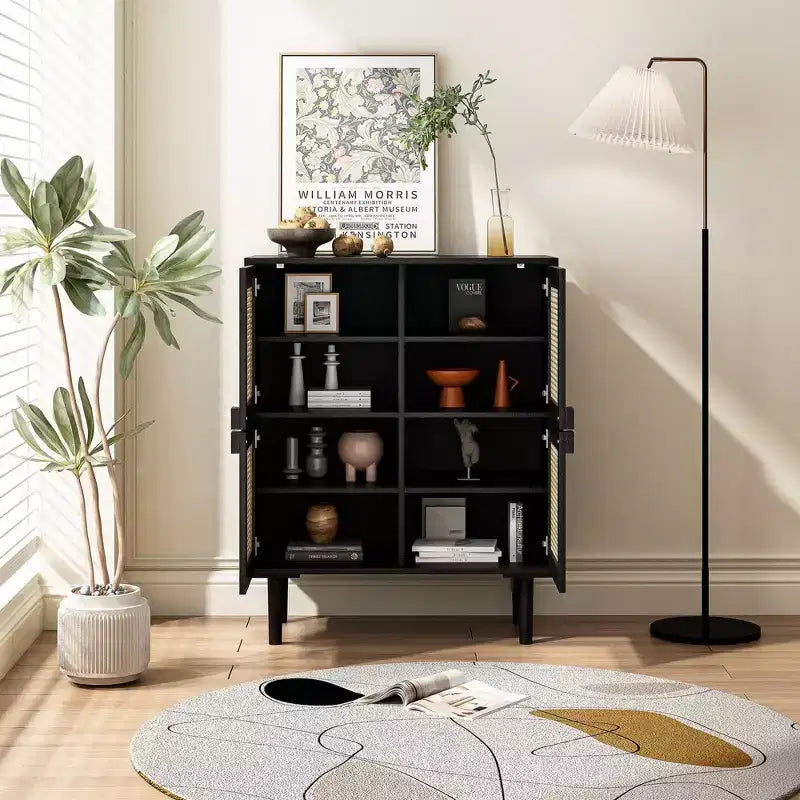 Mobile credenza in rattan Okak, mobile buffet con 4 ante e 8 ripiani, mobiletto contenitore per soggiorno, sala da pranzo, cucina