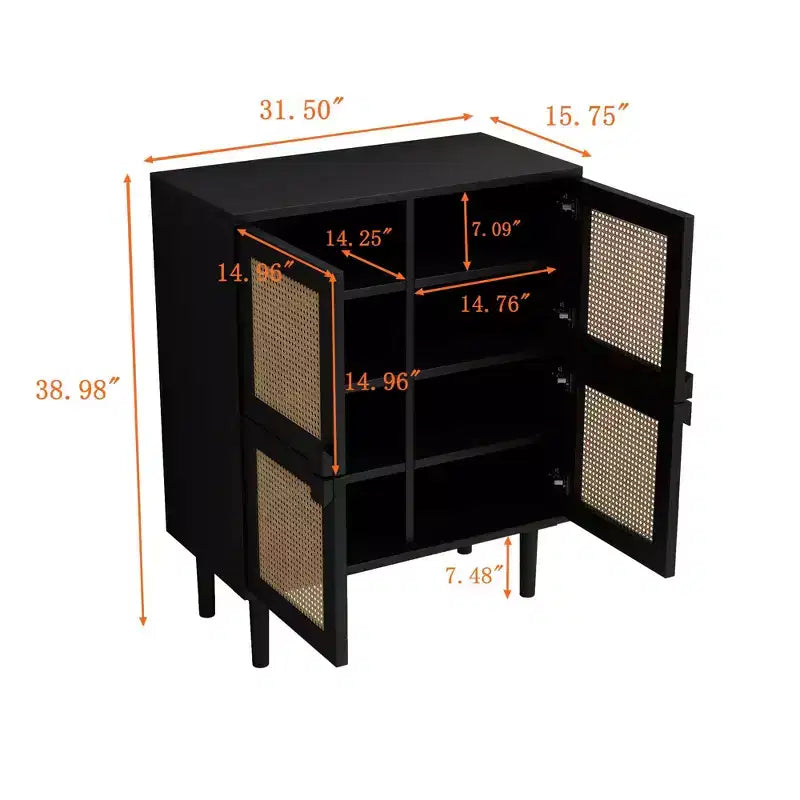 Mobile credenza in rattan Okak, mobile buffet con 4 ante e 8 ripiani, mobiletto contenitore per soggiorno, sala da pranzo, cucina