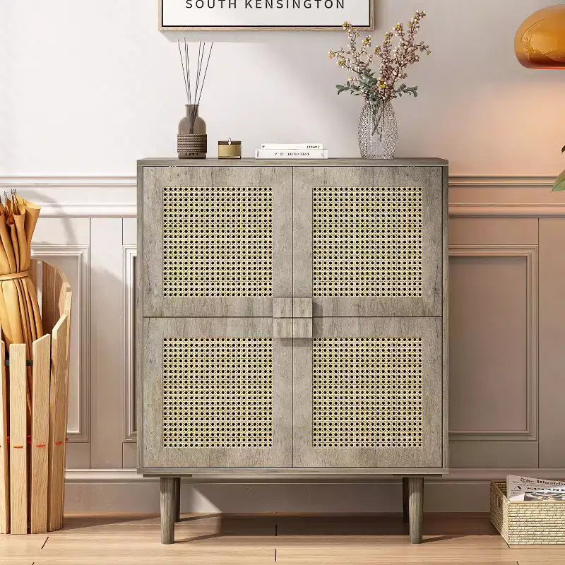 Mobile credenza in rattan Okak, mobile buffet con 4 ante e 8 ripiani, mobiletto contenitore per soggiorno, sala da pranzo, cucina