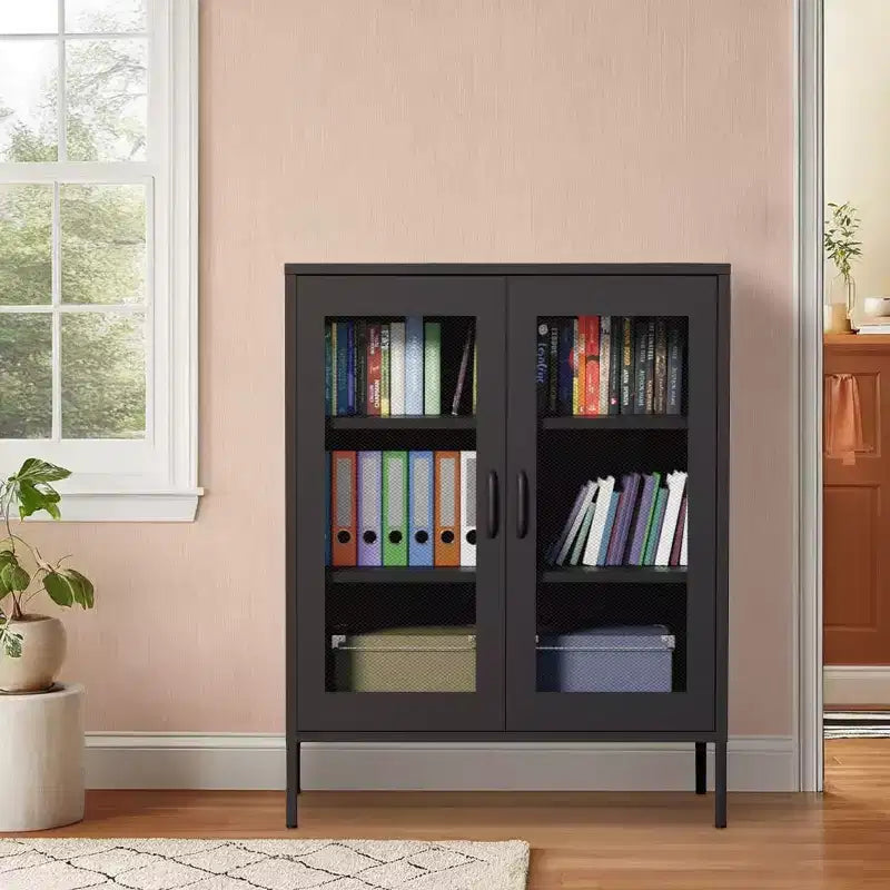 Okak Armadietto/Vetrinetta in metallo, Credenza con 3 ripiani, Armadietto/Mobiletto contenitore autoportante per Soggiorno, Corridoio e Ufficio